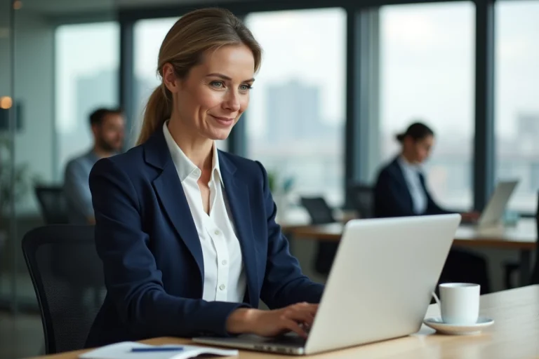 Femme professionnelle accédant à sa messagerie EDF sur un ordinateur portable dans un bureau moderne