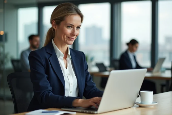 Femme professionnelle accédant à sa messagerie EDF sur un ordinateur portable dans un bureau moderne