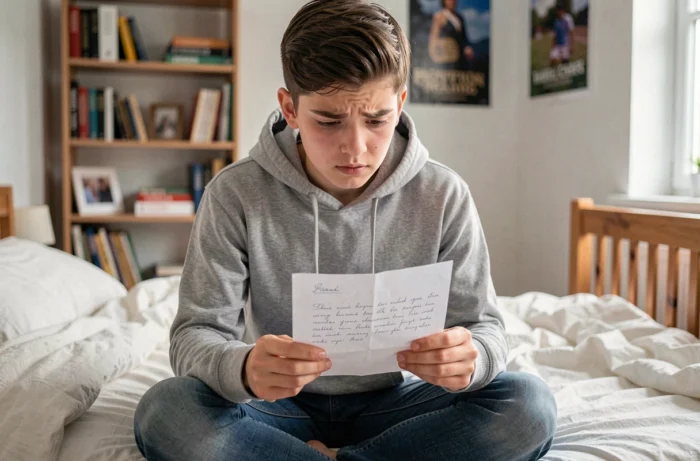 Adolescent lisant une lettre inspirante de son père avec une expression touchante