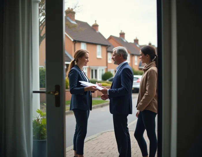Agente inmobiliario presentando las características de una casa tipo 5 a una pareja de compradores