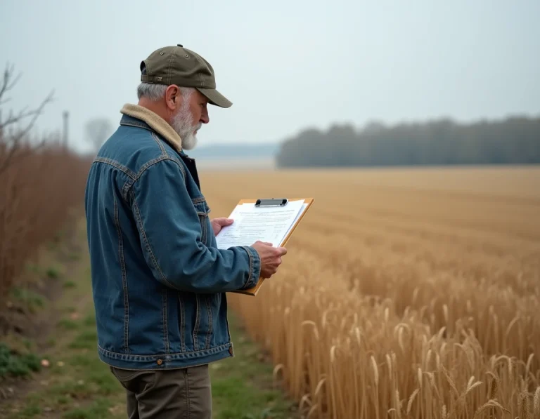 Agriculteur tenant des documents de bail rural au bord d'un champ de céréales en automne, illustrant la déclaration de fermage des terres agricoles