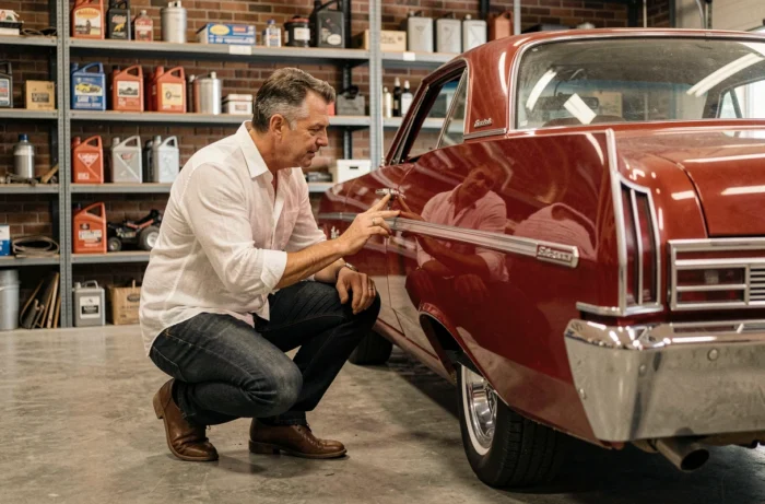 Amateur de voitures classiques inspectant une Chevrolet Impala 1964 rouge restaurée dans un garage vintage avec murs en briques