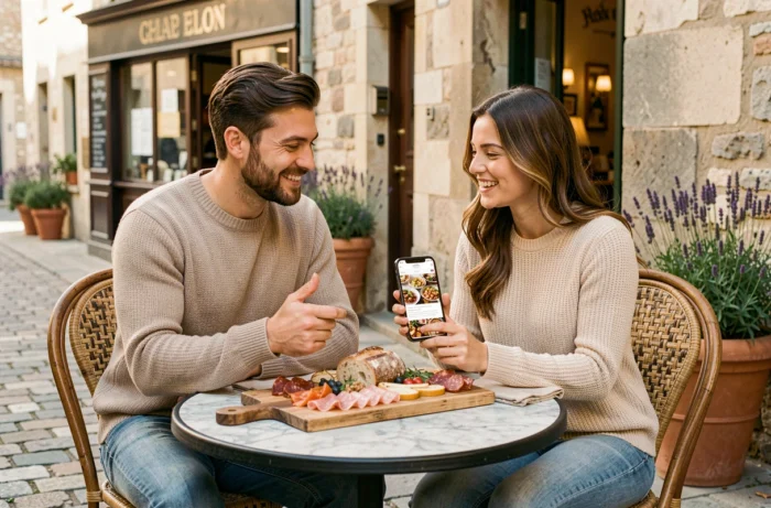 Deux amis découvrant le site L'Art du Goût sur smartphone autour d'un plateau de charcuterie à la terrasse d'un café de village français