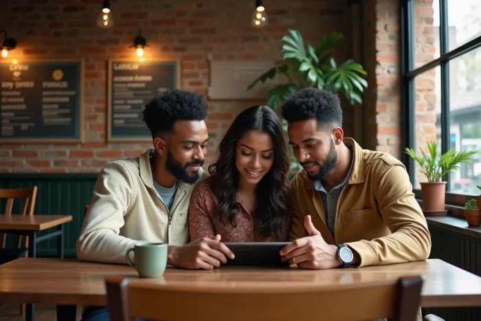 Grupo de amigos malgaches consultando noticias en línea en una tableta en un café local