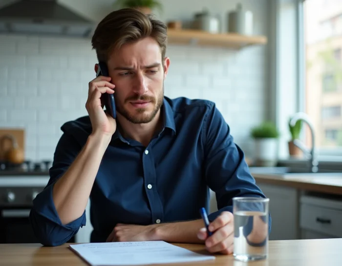 Hombre en comunicación telefónica para seguir su solicitud de reembolso con EF