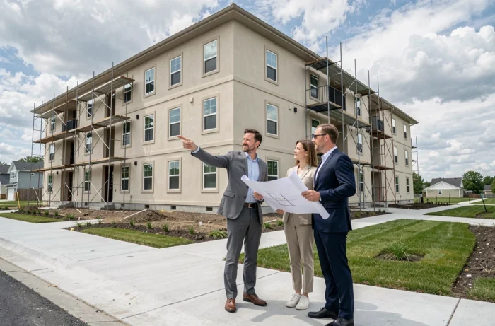 Deux associés discutant d'un projet immobilier devant un immeuble résidentiel en cours de construction