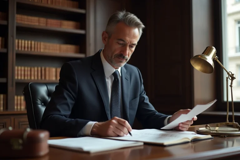 Avocat français en costume marine consultant des documents juridiques dans un bureau parisien classique avec bibliothèque de codes de droit