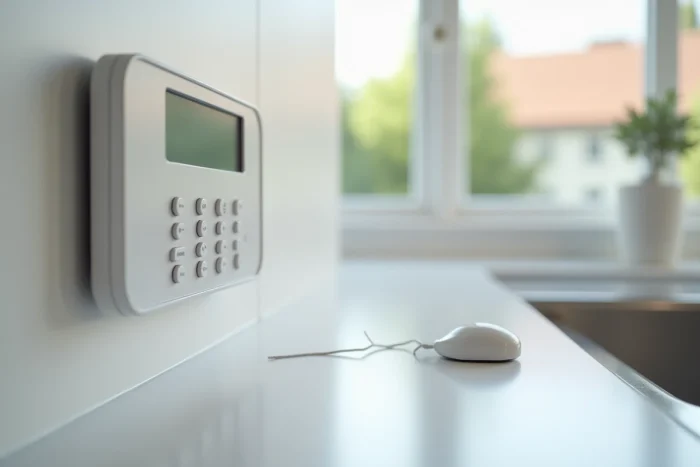 Tarjeta de seguridad Verisure colocada sobre un mostrador de cocina junto al panel de alarma mural para ilustrar su uso