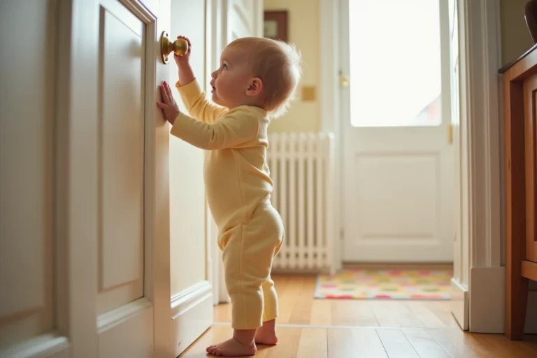 Bébé d'environ 18 mois tendant les bras pour attraper la poignée d'une porte en bois dans un couloir familial