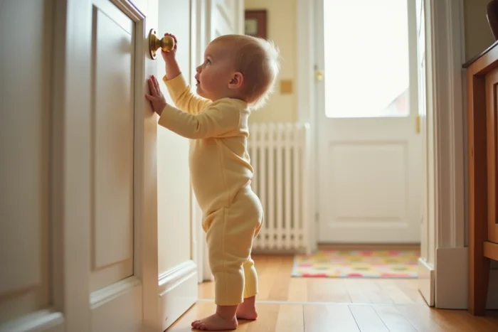 Bébé d'environ 18 mois tendant les bras pour attraper la poignée d'une porte en bois dans un couloir familial