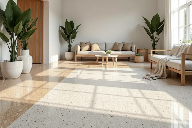 Intérieur moderne avec plusieurs types de carrelage effet terrazzo aux motifs et coloris variés sublimant les sols d'un espace ouvert contemporain