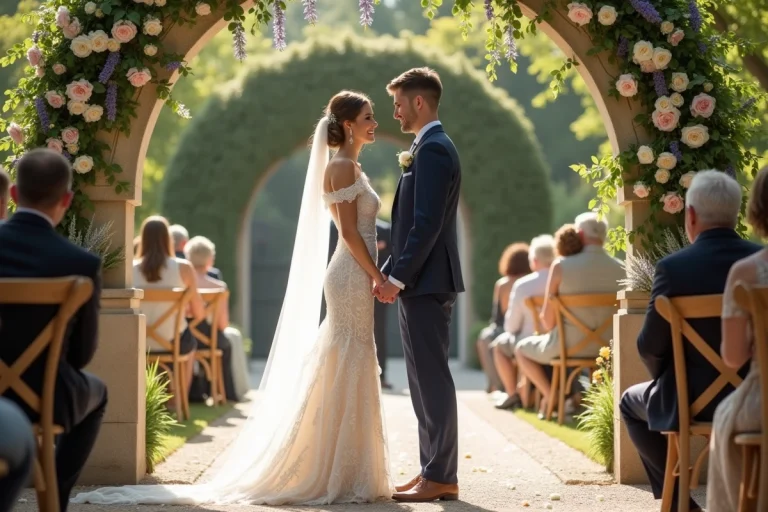 Couple de mariés souriant lors d'une cérémonie de mariage en plein air dans un jardin fleuri avec arches de roses blanches et roses