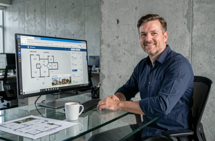 Chasseur immobilier analysant le sitemap d'un site web de recherche de propriétés dans une agence moderne