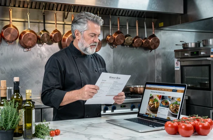 Chef cuisinier consultant le site L'Art du Goût sur un ordinateur portable dans une cuisine professionnelle avec des ingrédients frais