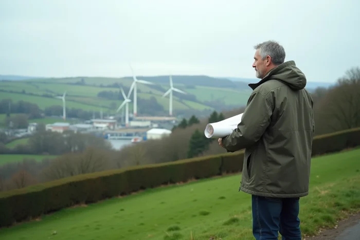 Jefe de proyecto de pie en el campo bretón con un parque industrial y aerogeneradores de fondo, ilustrando las oportunidades de inversión e implantación de empresas en Bretagne