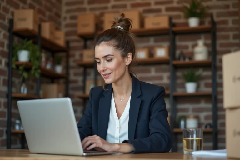 Cheffe d'entreprise TPE analysant sa visibilité en ligne sur un ordinateur portable dans son bureau artisanal