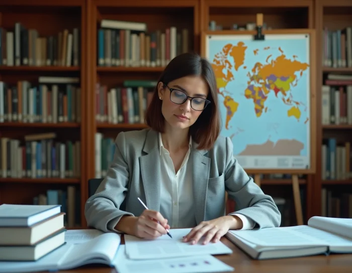 Investigadora universitaria analizando mapas demográficos mundiales sobre la consanguinidad en una biblioteca académica