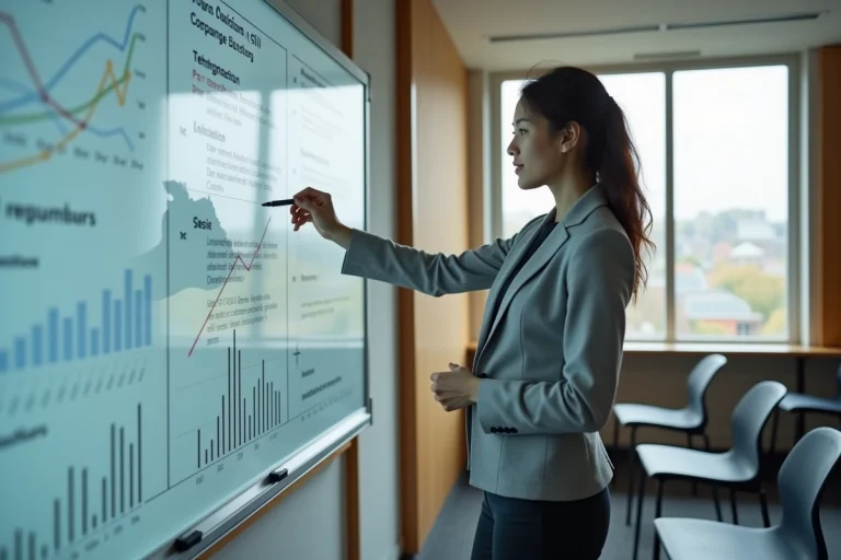 Chercheuse en statistiques présentant une méthodologie d'étude quantitative sur un tableau blanc dans une salle universitaire moderne