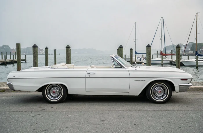 Chevrolet Impala 1961 décapotable blanche garée en bord de mer dans une ville côtière américaine, vue de profil sur fond de port