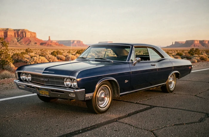 Chevrolet Impala 1967 bleue métallique garée sur une route désertique américaine, vue en perspective trois quarts avant au coucher du soleil