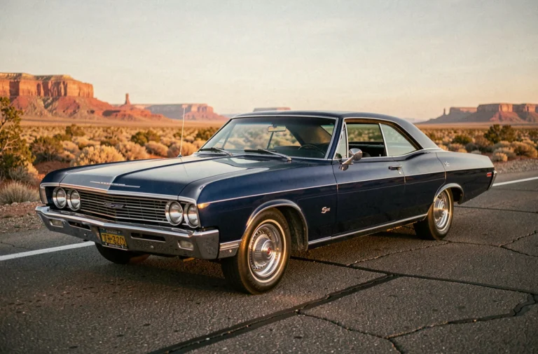 Chevrolet Impala 1967 bleue métallique garée sur une route désertique américaine, vue en perspective trois quarts avant au coucher du soleil