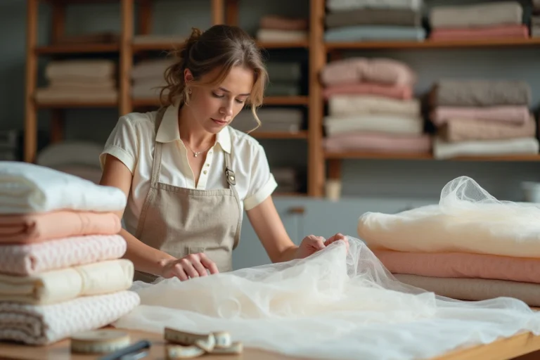 Couturière experte examinant des échantillons de tulle de différentes textures dans un atelier de robes de mariée
