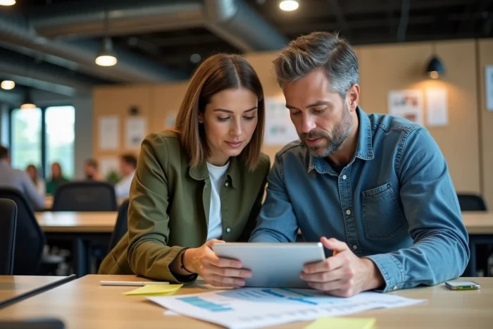 Dos colaboradores de PME analizando una estrategia de visibilidad digital en una tableta en un espacio de coworking