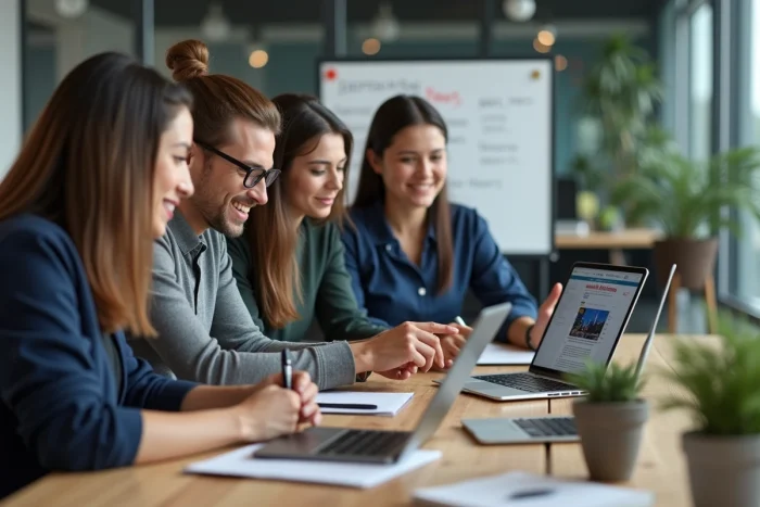Equipo de colegas consultando las últimas noticias en una tableta durante una reunión de trabajo