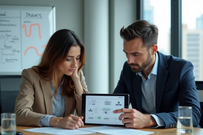 Dos colegas colaborando en una tableta digital para optimizar su gestión documental desmaterializada en la empresa