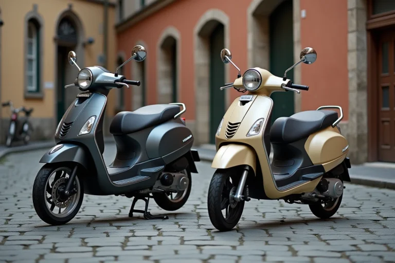 Comparaison côte à côte d'un scooter 50cc et d'un cyclomoteur 49cc garés dans une rue pavée européenne