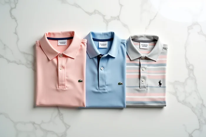 Comparación de polos de marcas competidoras dispuestos en flat lay sobre mármol blanco, análisis de las diferencias de estilo y calidad textil