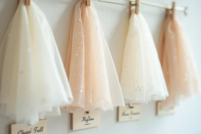 Primer plano de tres tipos de tul diferentes sujetos en un tablero de lino para comparar sus texturas para un vestido de novia
