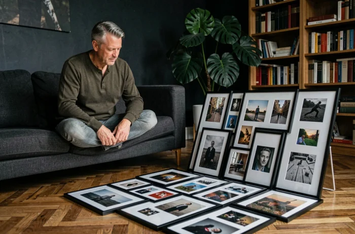 Homme organisant une composition de cadres et tirages d'art au sol dans un bureau à domicile décoré avec goût