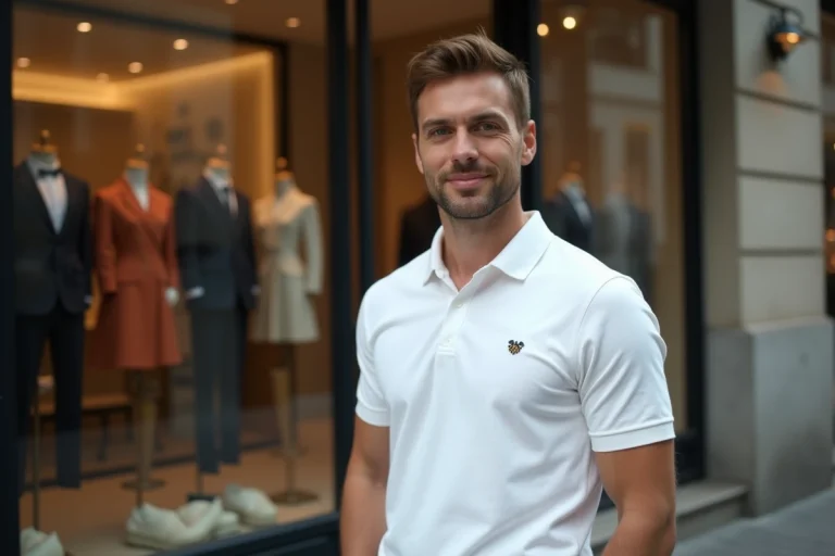 Homme portant un polo de marque premium devant une boutique de luxe, illustrant la concurrence dans le secteur des vêtements haut de gamme
