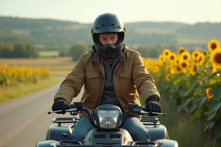 Homme avec casque intégral assis sur un quad homologué route sur une route de campagne française entourée de champs de tournesols