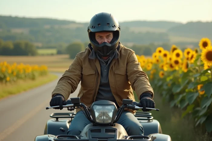 Homme avec casque intégral assis sur un quad homologué route sur une route de campagne française entourée de champs de tournesols