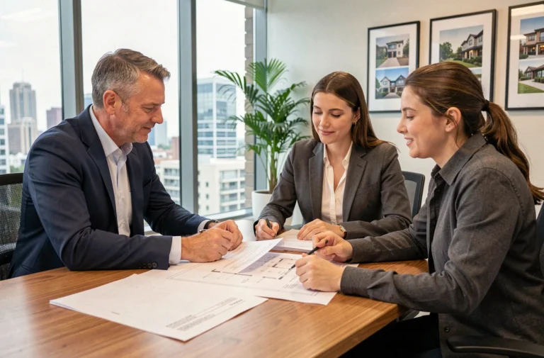 Conseiller immobilier présentant des solutions de financement sur mesure à un couple lors d'une réunion en agence