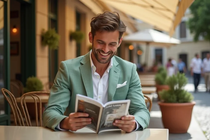 Hombre estiloso en blazer de lino verde salvia sentado en una terraza de café en una ciudad mediterránea