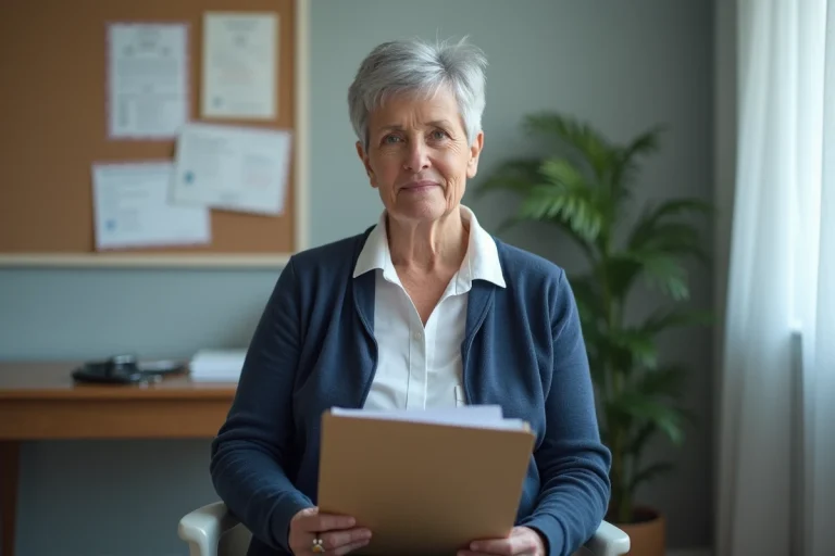 Femme d'âge mûr en consultation médicale tenant des documents administratifs liés à une demande de reconnaissance d'invalidité en France