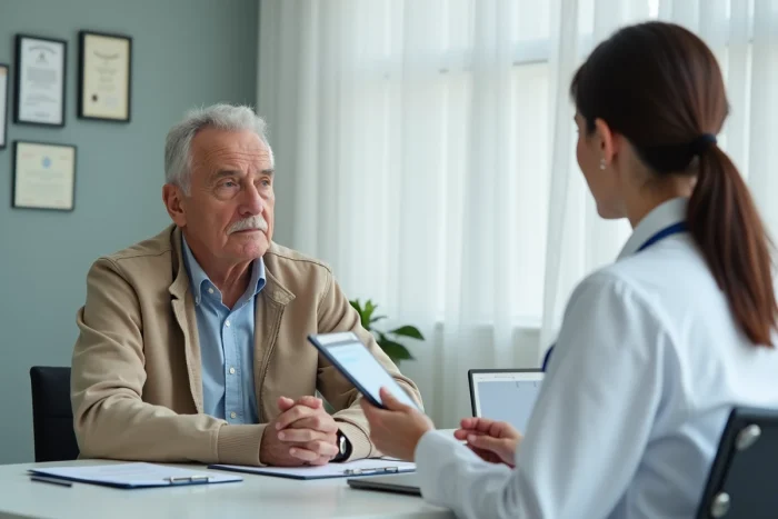 Consulta médica entre un paciente mayor y un médico, simbolizando el seguimiento de salud y la verificación de información médica