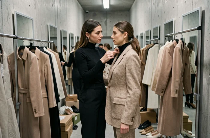 Coulisses d'un défilé Chanel avec une styliste ajustant une veste tweed beige sur un mannequin avant le show