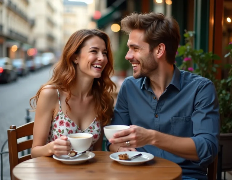 Couple amoureux complice attablé en terrasse de café parisien, illustrant une belle histoire d'amour au quotidien