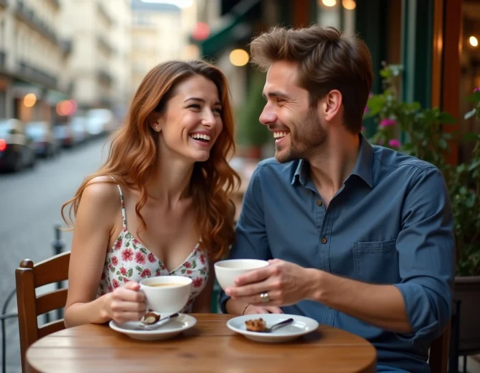 Couple amoureux complice attablé en terrasse de café parisien, illustrant une belle histoire d'amour au quotidien