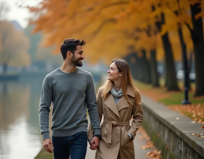 Pareja paseando de la mano junto a un río en otoño, simbolizando una relación amorosa cómplice y duradera