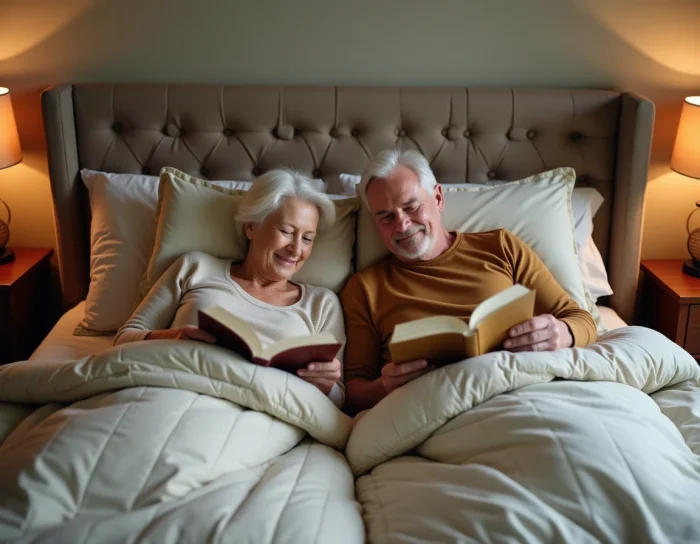Pareja de ancianos acostados en una cama eléctrica de doble zona ajustable con almohadas ergonómicas y ropa de cama cómoda en una habitación elegante