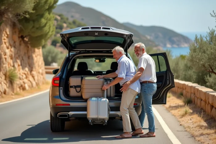 Pareja cargando equipaje en un SUV de alquiler en una carretera costera mediterránea durante las vacaciones