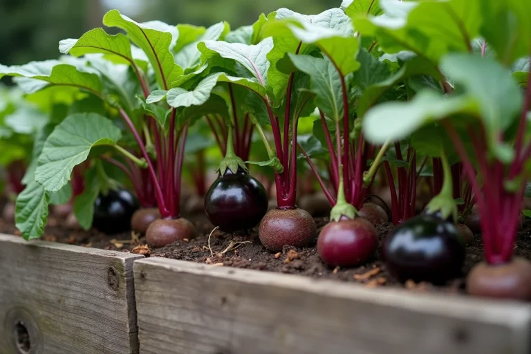 Culture conjointe de betteraves et d'aubergines dans un carré potager surélevé avec bordure en bois