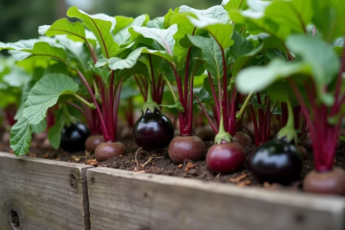 Culture conjointe de betteraves et d'aubergines dans un carré potager surélevé avec bordure en bois