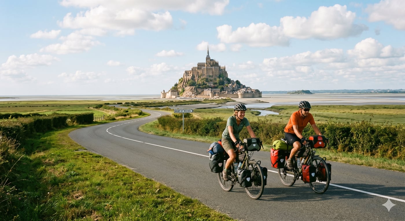 Cyclistes face au Mont-Saint-Michel