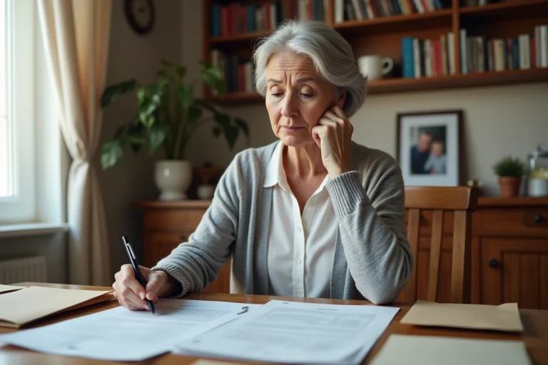 Femme veuve d'une soixantaine d'années qui examine sa déclaration d'impôts à la table de sa cuisine